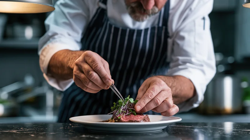 Chef plating a meat dish with microgreens in a restaurant kitchen