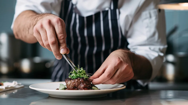Chef placing microgreens on a plated meat dish in a restaurant kitchen
