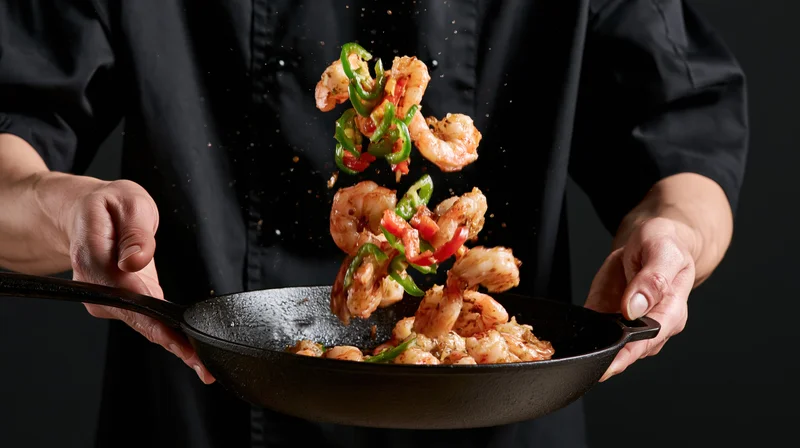 Chef tossing shrimp and green peppers in a cast iron skillet