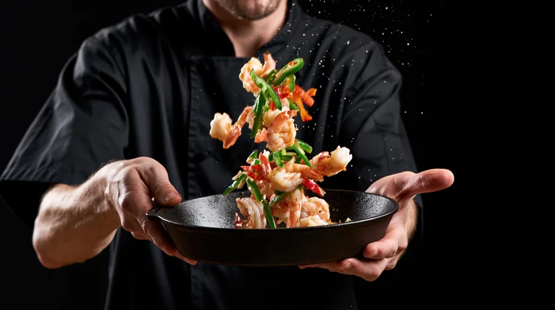 Chef tossing shrimp and vegetables in a cast iron pan against black background