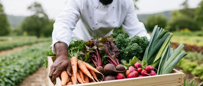 Chef holding a wooden crate filled with fresh vegetables in a farm field