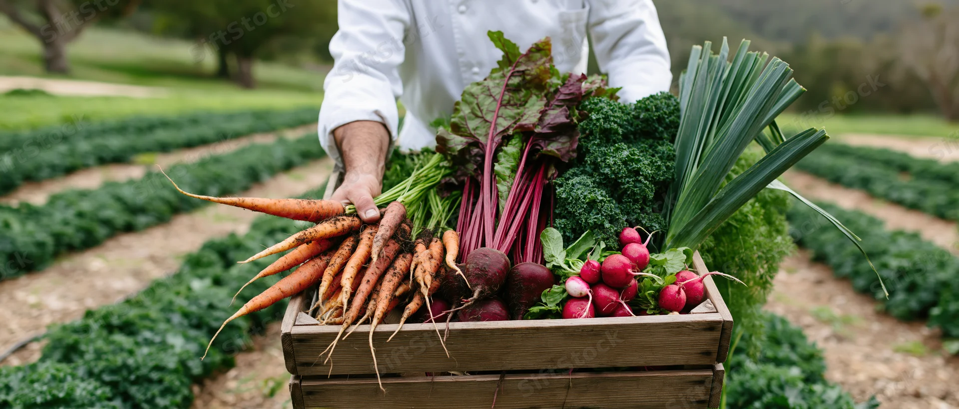Chef holding a wooden crate of fresh vegetables in a farm field