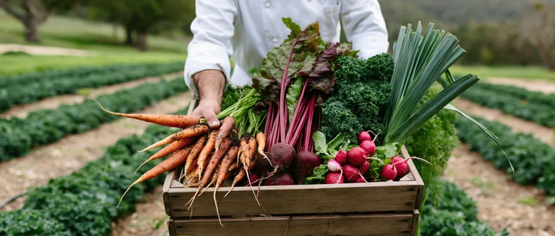 Chef holding a wooden crate of fresh vegetables in a farm field