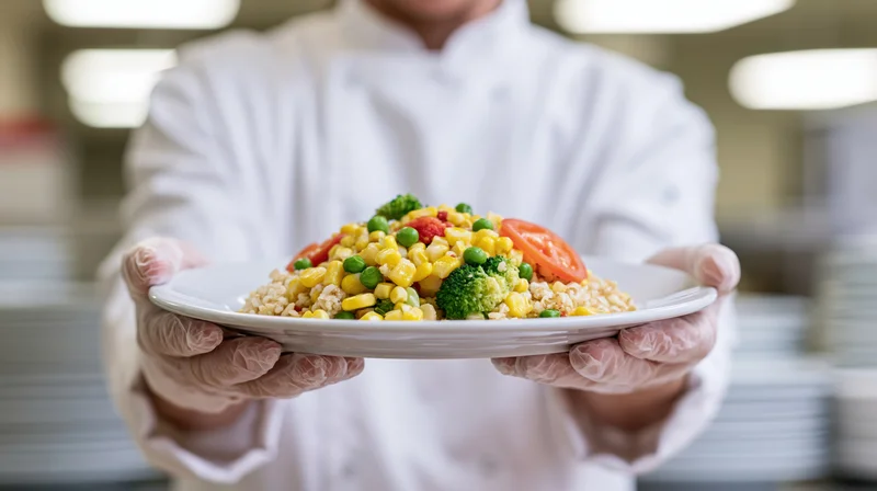 Chef holding a plate of mixed vegetables and rice in a kitchen