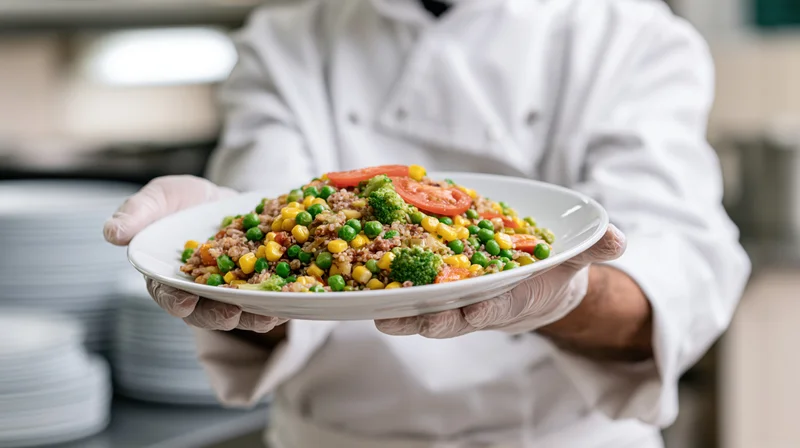 Chef holding a plate of mixed vegetable and meat dish in a kitchen