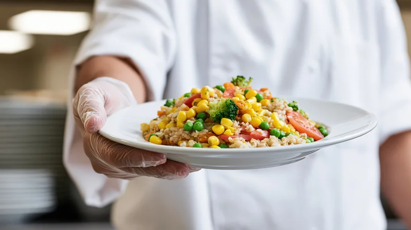 Chef holding a plate of vegetable rice salad in a kitchen setting