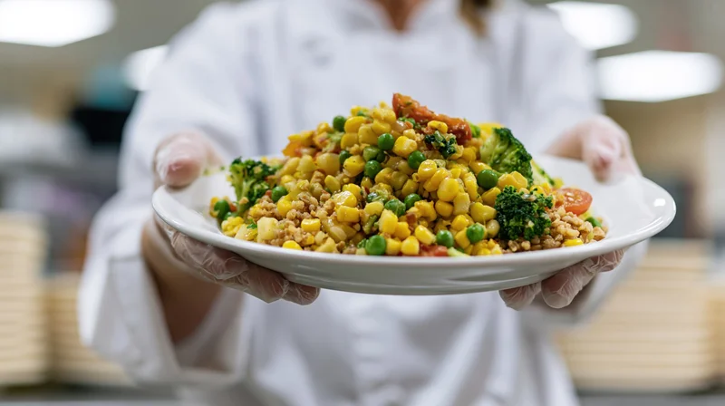 Chef holding a plate of mixed vegetables and corn in a kitchen
