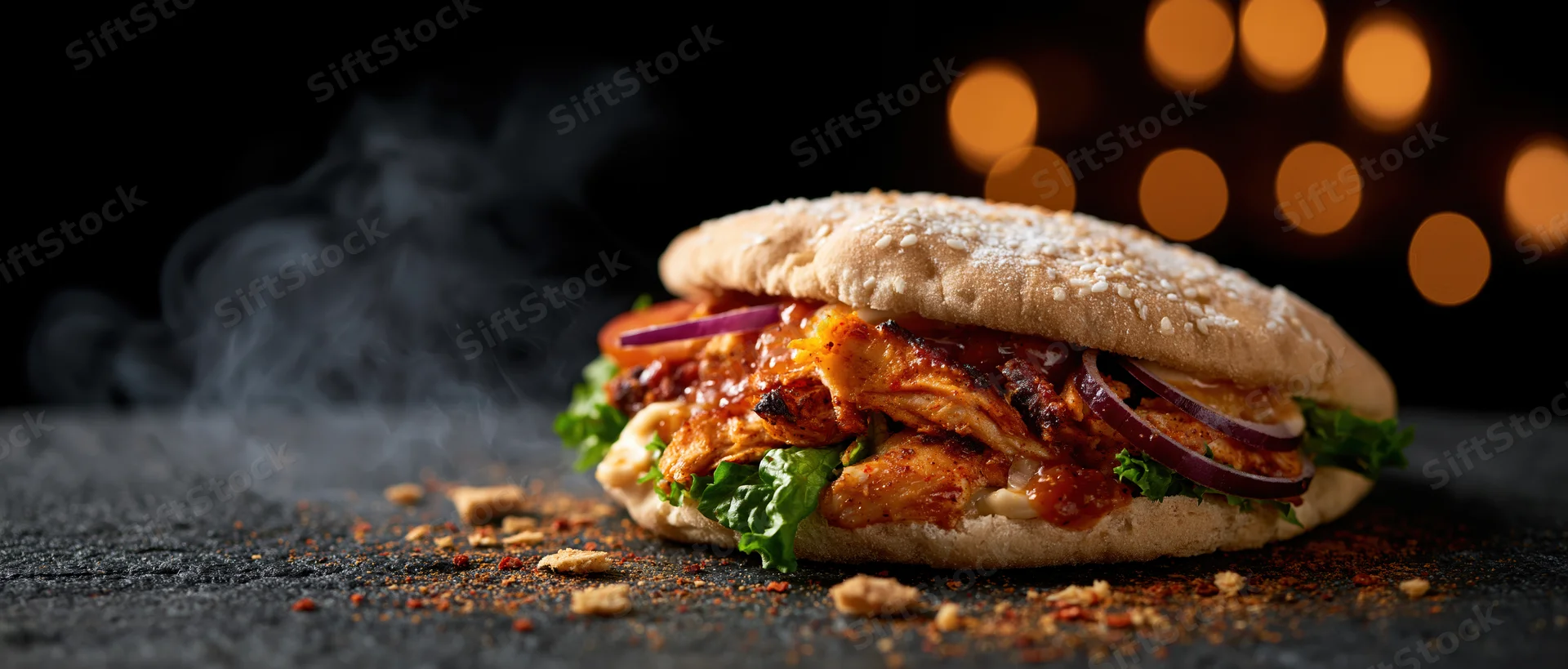 Grilled chicken doner kebab sandwich with sesame bun and vegetables on dark surface with steam and bokeh lights in background