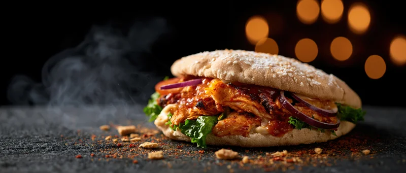 Grilled chicken doner kebab sandwich with sesame bun and vegetables on dark surface with steam and bokeh lights in background