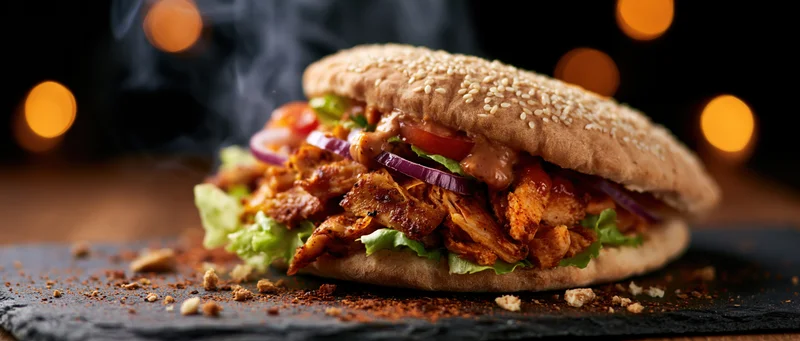 Chicken doner kebab sandwich with shredded spiced meat, lettuce, tomato, and red onion on a sesame bun, served hot with steam rising, placed on a dark slate plate with spice crumbs and warm bokeh lights in the background