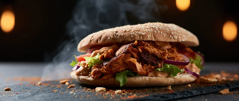 Steaming chicken doner kebab sandwich with shredded meat and vegetables on a dark surface