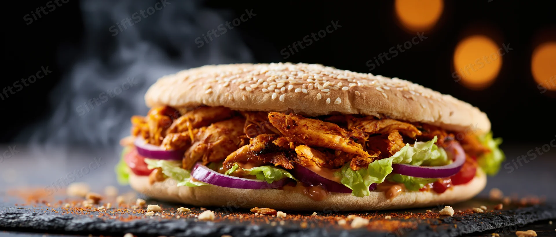 Chicken doner kebab sandwich with shredded spiced meat, lettuce, onion and tomato on a sesame bun, steaming on a dark slate surface