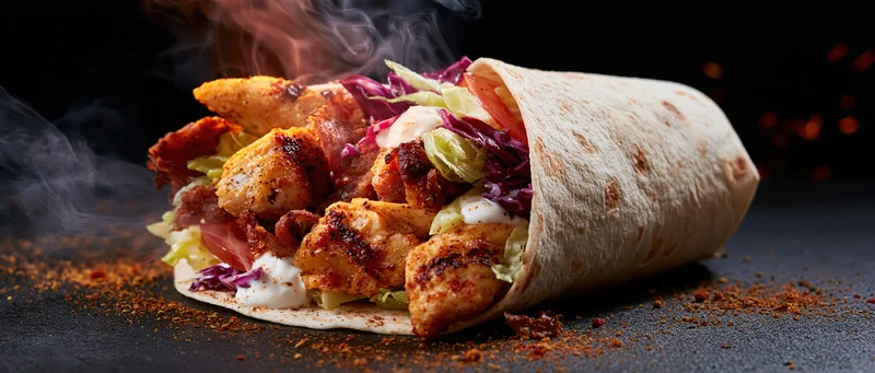 Grilled chicken doner kebab wrap filled with vegetables and sauce on dark surface with smoke rising