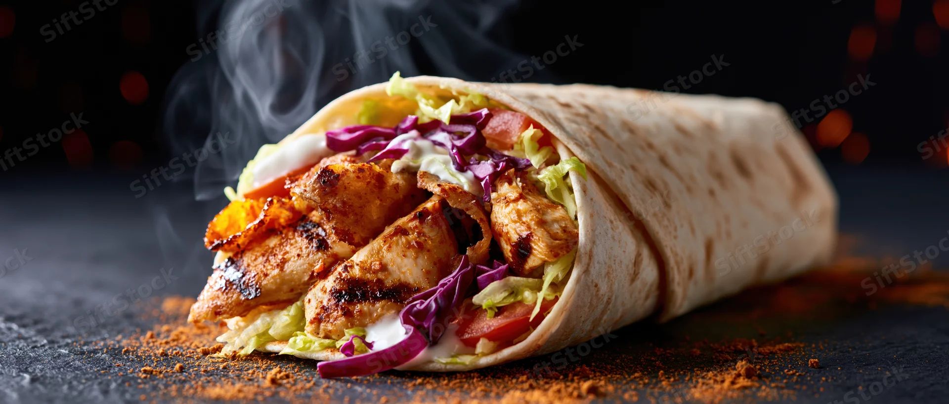 Grilled chicken doner kebab wrap with vegetables and sauce on dark surface
