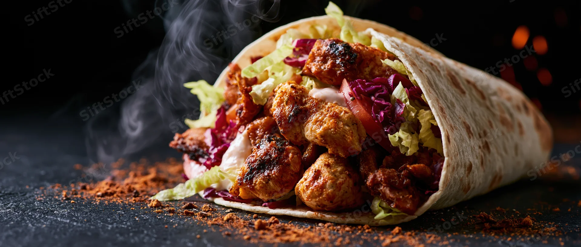 Chicken doner kebab wrap filled with grilled meat, lettuce, cabbage, tomato and sauce, resting on dark surface with steam rising and spice scattered around