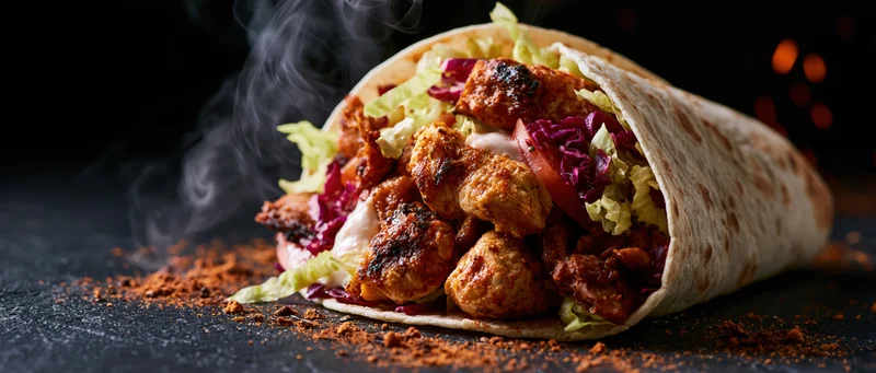 Chicken doner kebab wrap filled with grilled meat, lettuce, cabbage, tomato and sauce, resting on dark surface with steam rising and spice scattered around