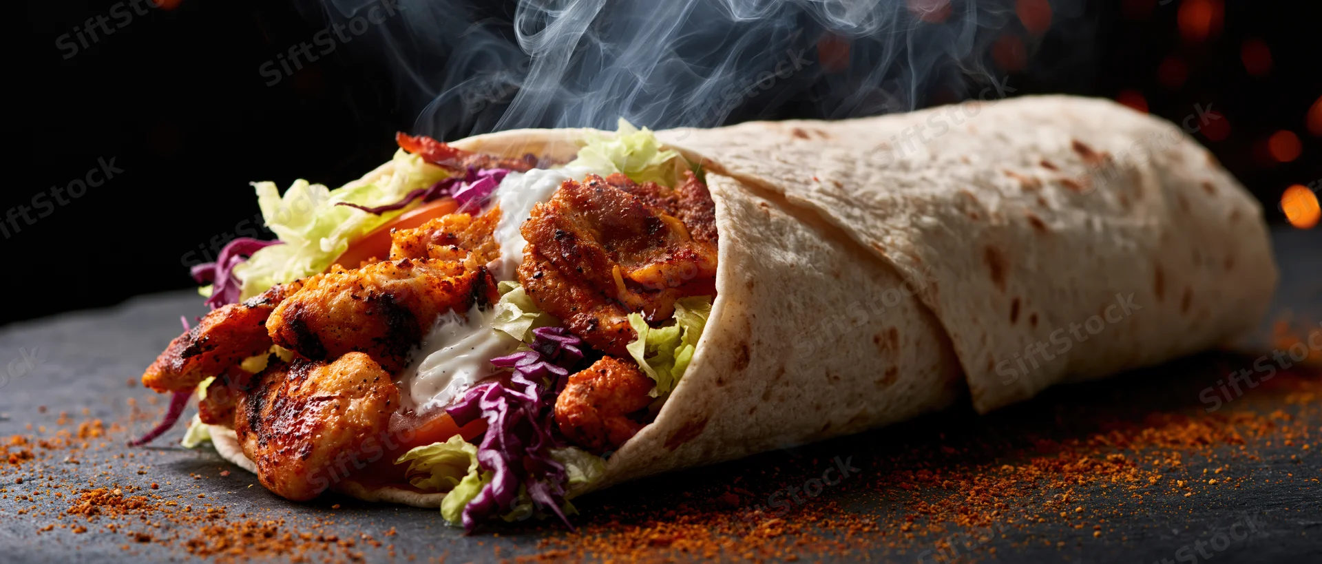 Chicken doner kebab wrap filled with grilled meat, lettuce, cabbage, tomato, and sauce, resting on a dark slate surface with rising steam and scattered spice