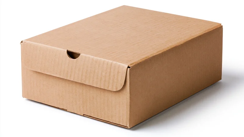 Closed kraft cardboard box with finger-tab cutout on white background