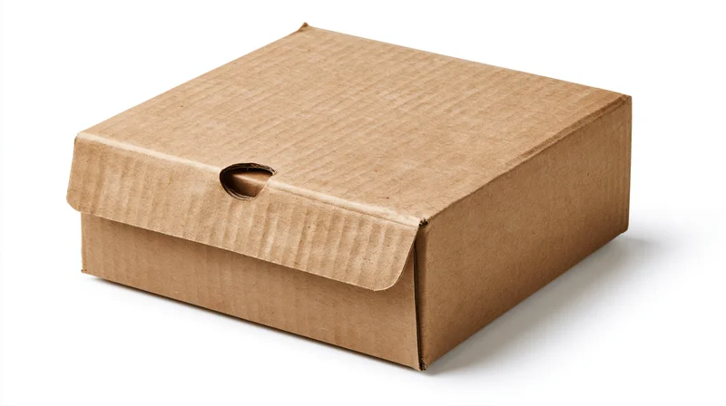 Closed kraft cardboard box with finger-tab cutout on white background