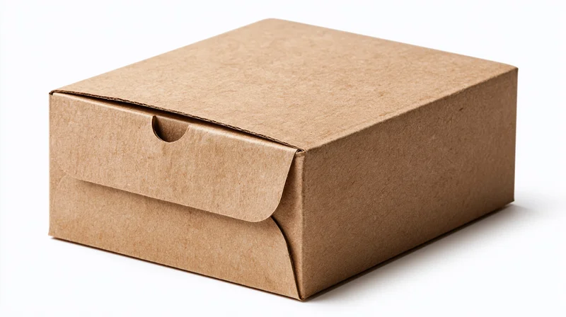 Closed kraft cardboard box with finger-tab cutout on white background