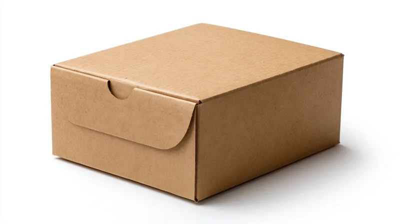 Closed kraft cardboard box with finger-tab flap on white background