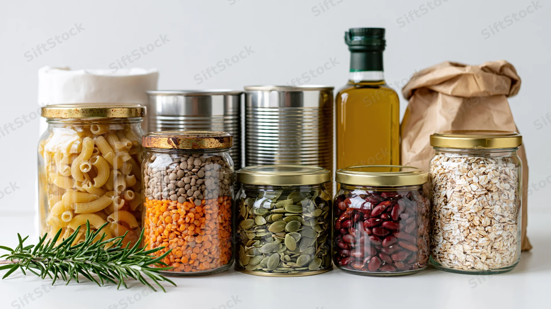 Pantry staples in glass jars and metal cans arranged on a white surface with rosemary sprig