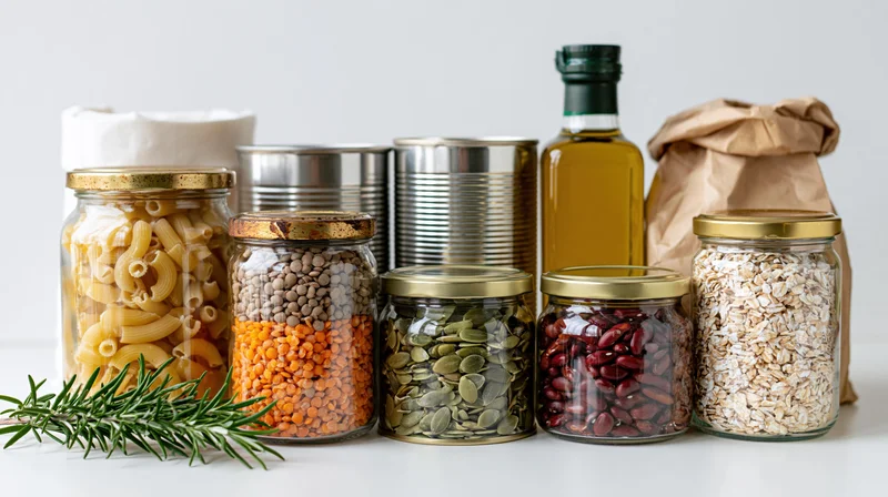 Pantry staples in glass jars and metal cans arranged on a white surface with rosemary sprig