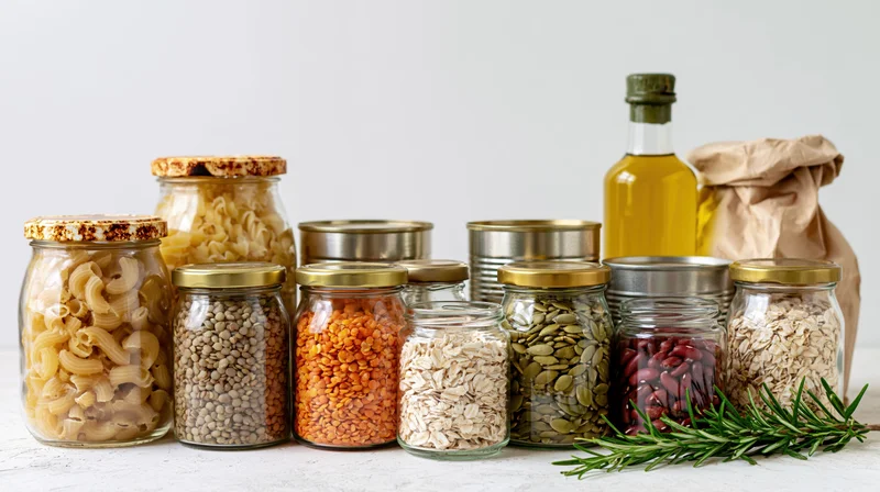 Pantry staples in glass jars and containers arranged on a white surface