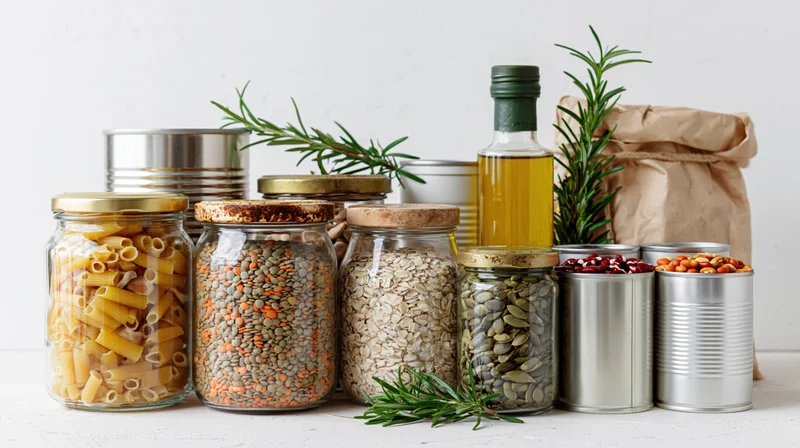 Pantry staples in glass jars and metal cans arranged on a white surface with rosemary sprigs
