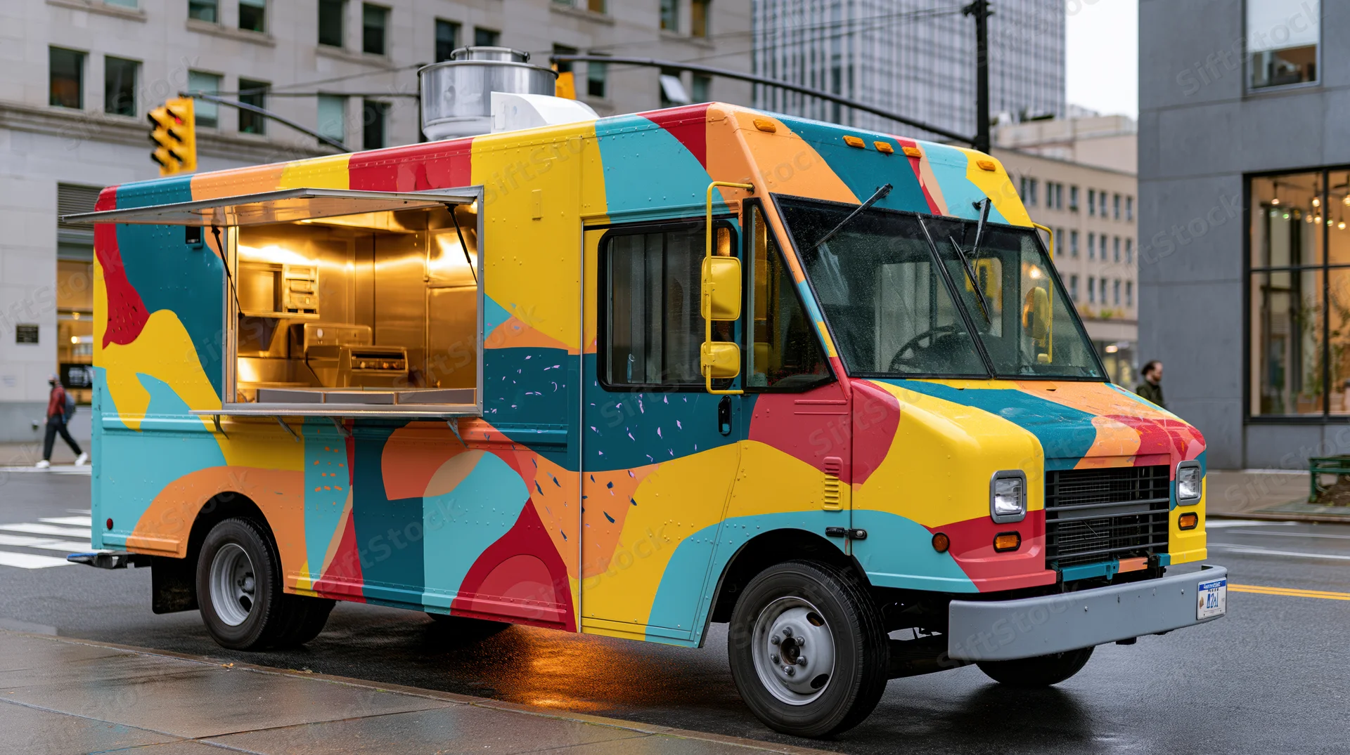 Colorful food truck with abstract graphic wrap parked on city street