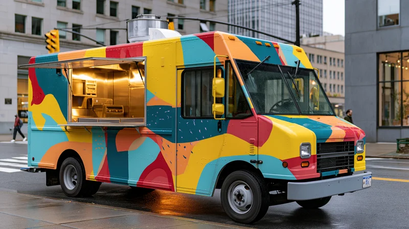 Colorful food truck with abstract graphic wrap parked on city street