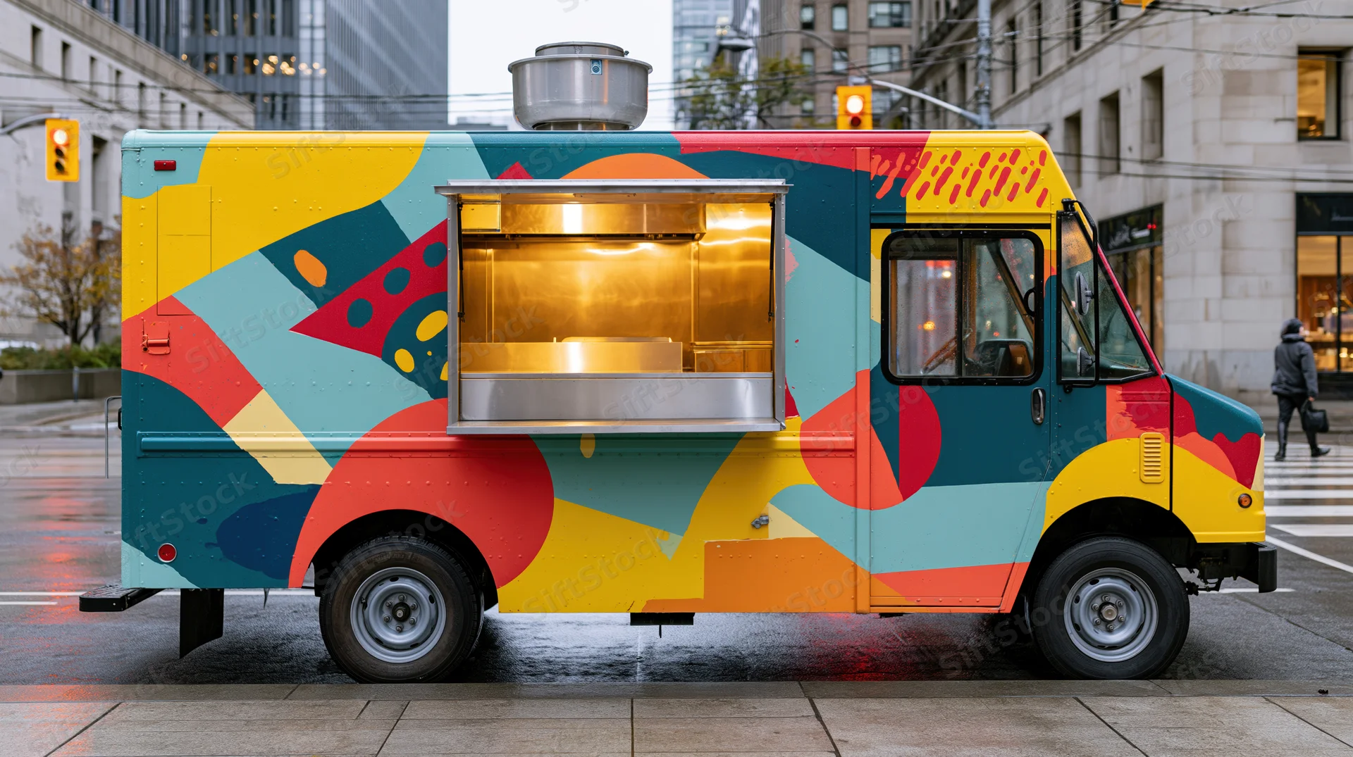 Colorful food truck with abstract graphic wrap parked on city street