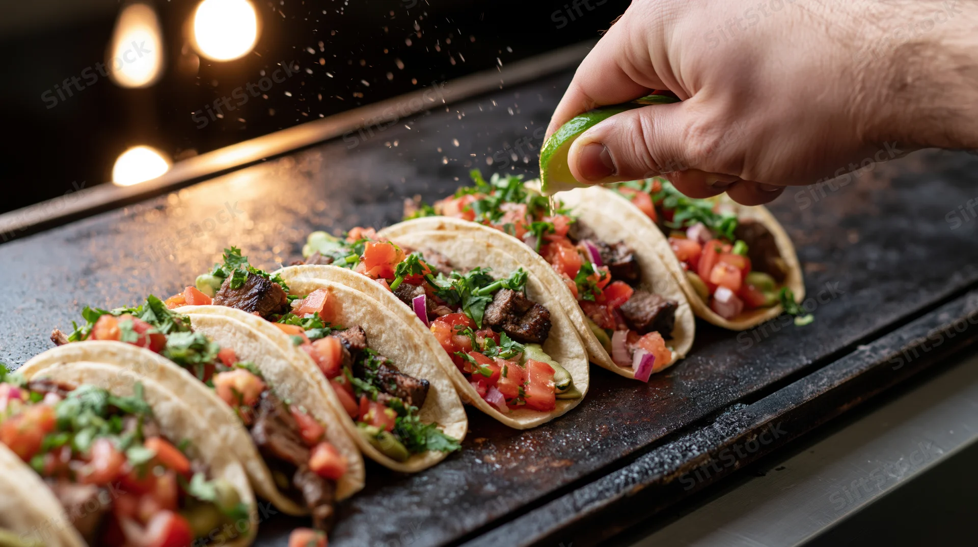 Hand squeezing lime juice over row of tacos on griddle in kitchen