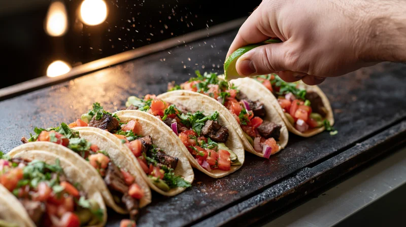 Hand squeezing lime juice over row of tacos on griddle in kitchen