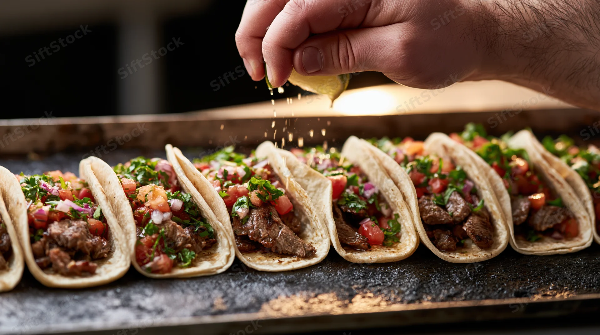Hand squeezing lime juice over a row of tacos on a metal tray