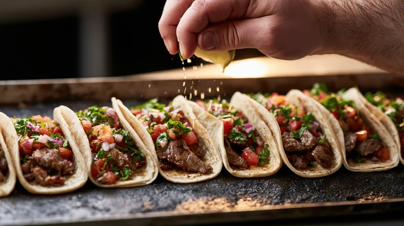Hand squeezing lime juice over a row of tacos on a metal tray