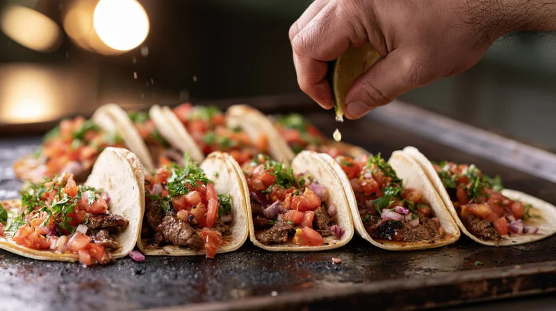 Hand squeezing lime juice over a row of six tacos on a griddle