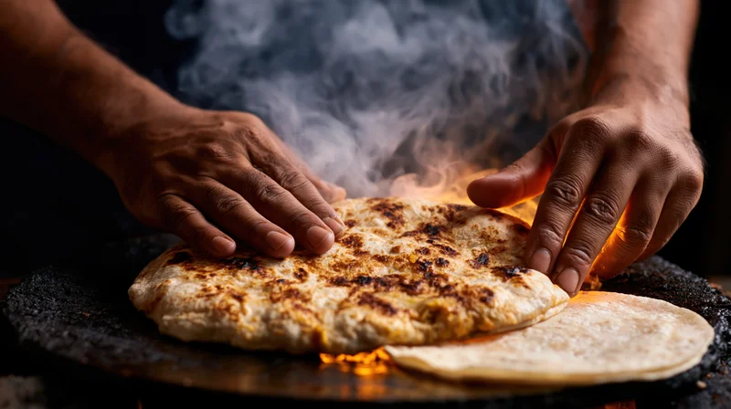 Hands pressing a steaming flatbread over open flame on a griddle