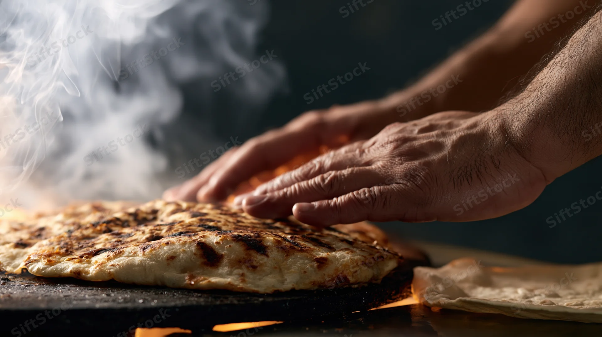 Hands hovering over a steaming grilled quesadilla on a hot griddle