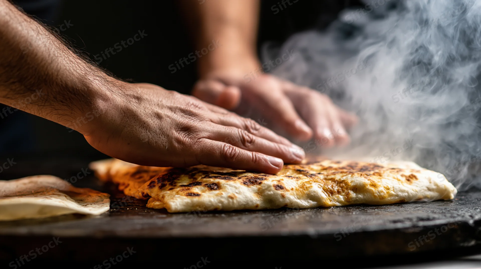 Chef's hands pressing a steaming grilled quesadilla on a hot griddle
