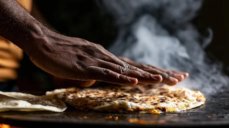 Chef's hands hovering over steaming grilled flatbread on a hot griddle