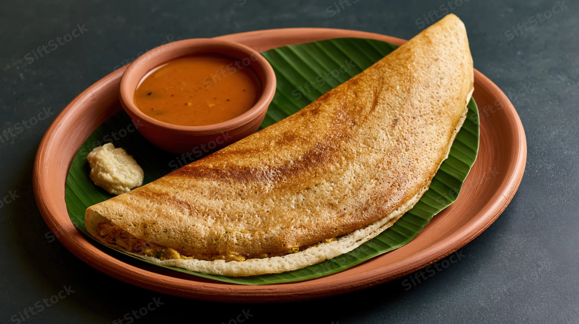 Crispy folded masala dosa served on a banana leaf in a clay plate with sambar and chutney