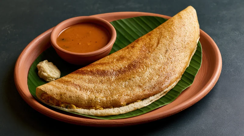 Crispy folded masala dosa served on a banana leaf in a clay plate with sambar and chutney