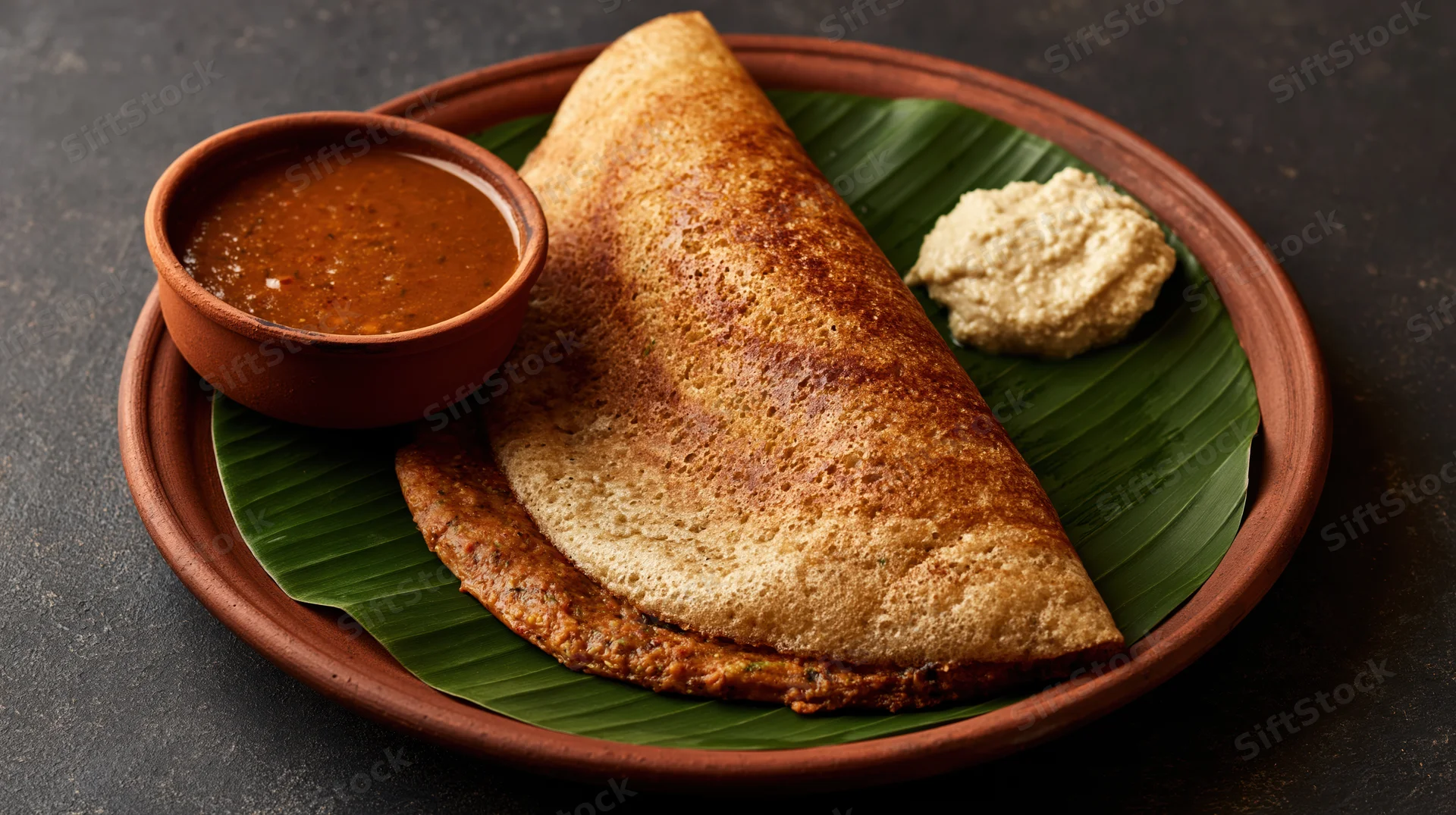 Crispy folded masala dosa served on a banana leaf with sambar and chutney on a clay plate