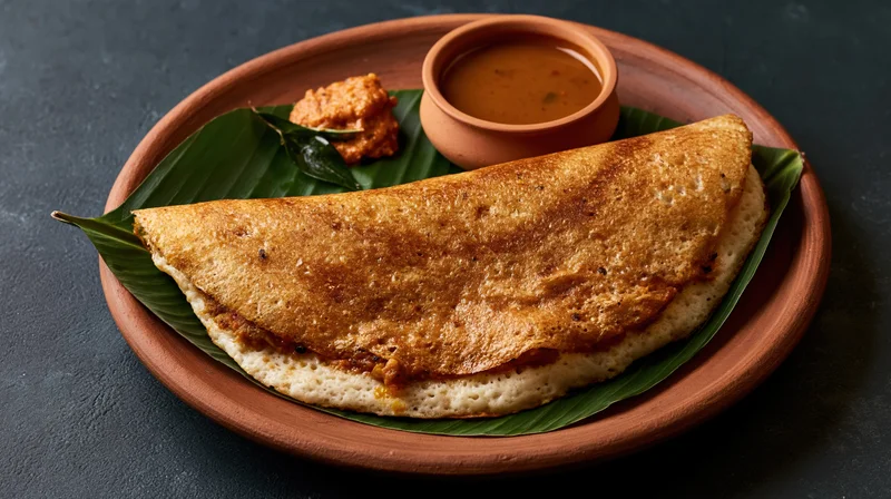 Crispy folded masala dosa on banana leaf with chutney and sambar in clay bowl on dark surface