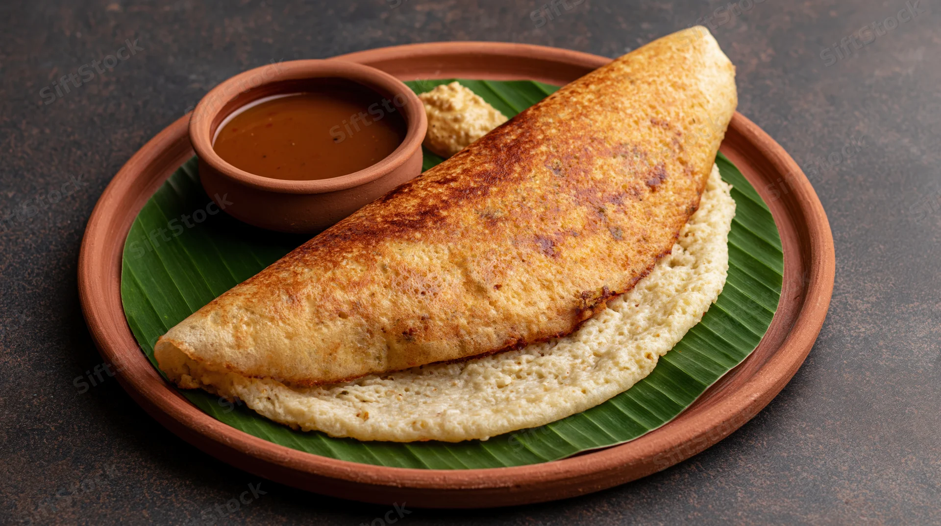 Crispy folded masala dosa on banana leaf with chutney in clay bowl on dark surface