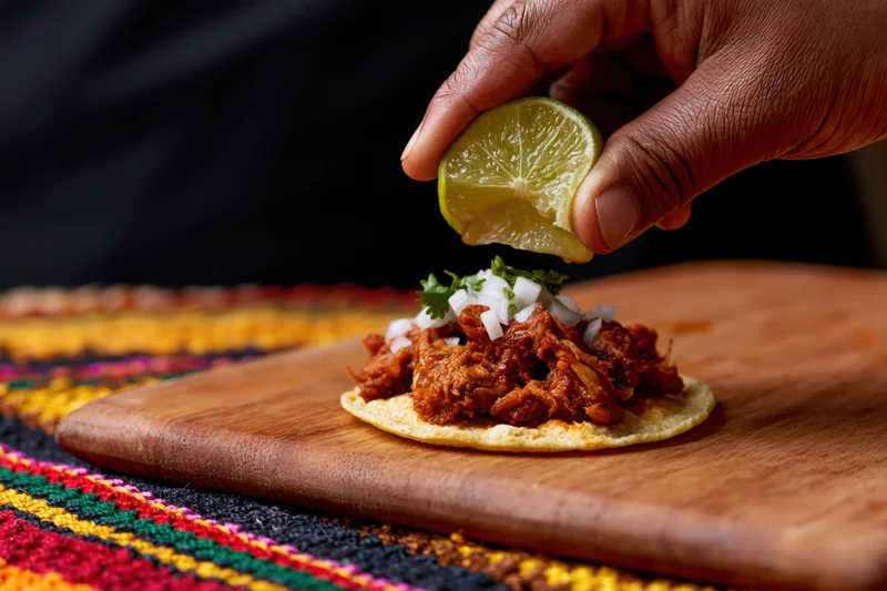 Hand squeezing lime over taco al pastor on wooden board with colorful textile beneath