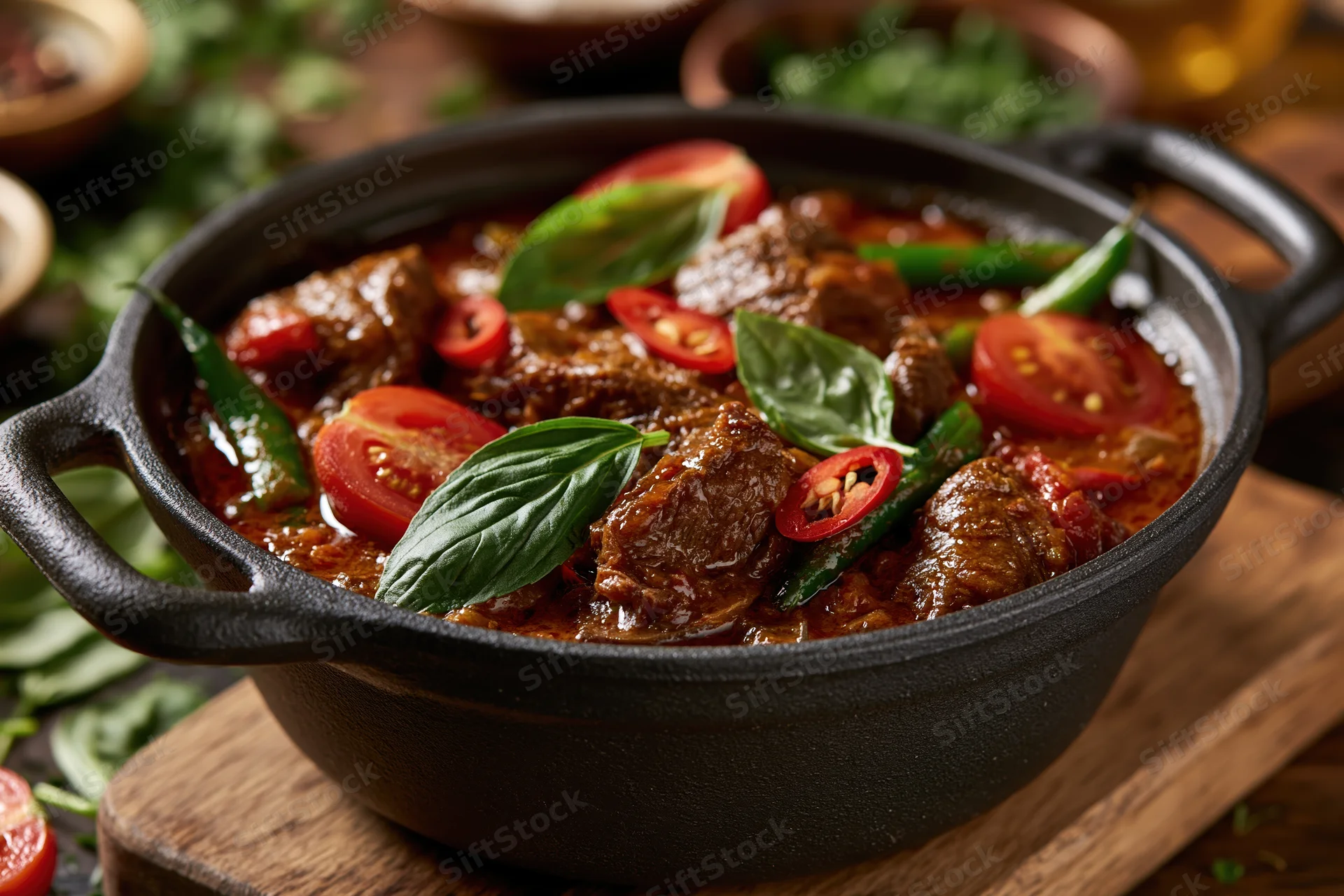 Dark cast iron pot filled with meat and vegetable stew garnished with basil and chili on wooden board