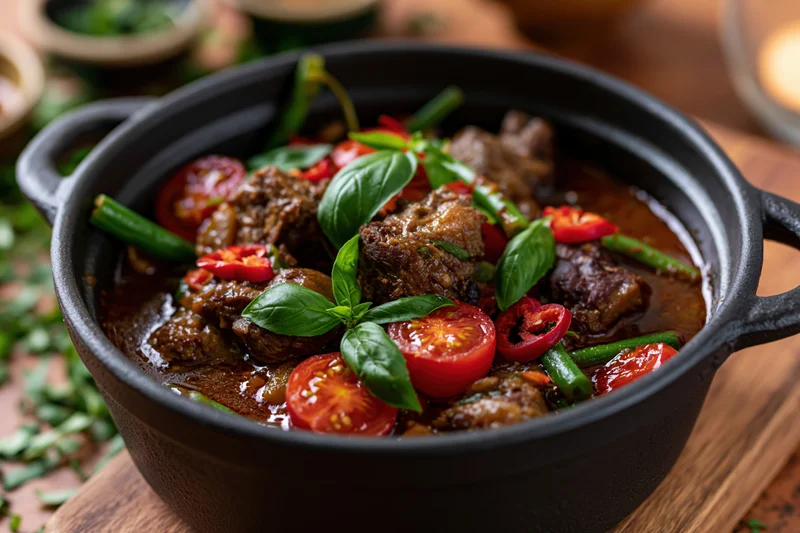 Dark cast iron pot filled with meat and vegetable stew garnished with basil and tomatoes on wooden table