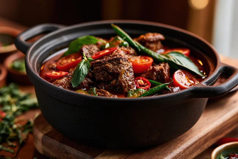 Beef stew with tomatoes and herbs in a cast iron pot on a wooden board